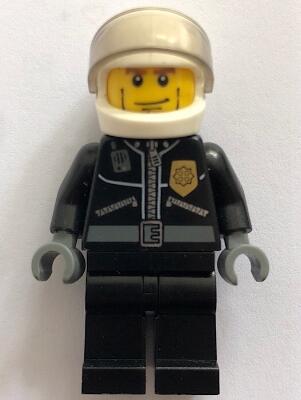 Police - City Leather Jacket with Gold Badge and POLICE on Back, White Helmet, Trans-Black Visor, Cheek Lines