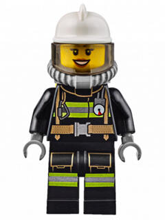 Fire - Reflective Stripes with Utility Belt, White Fire Helmet, Breathing Neck Gear with Airtanks, Trans Black Visor, Peach Lips Open Mouth Smile